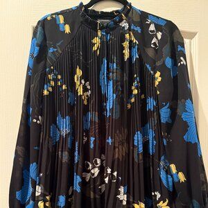Halogen | Pleated Keyhole Ruffle Collar Blouse | Black/Floral | Size Petite S
